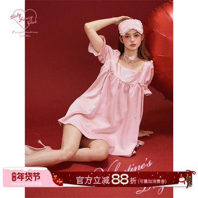GirlyFancyClub七夕居家系列*Dolly睡裙外穿泡泡袖缎面娃娃连衣裙