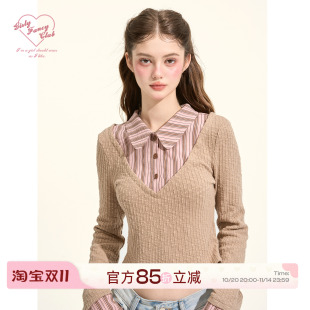 条纹小翻领拼接假两件针织短上衣女 Style GirlyFancyClub Preppy