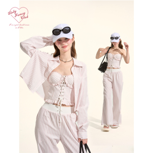 套装 衬衫 休闲三件套浅粉亮丝条纹短款 GirlyFancyClub慵懒chic风