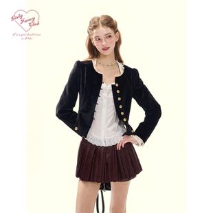GirlyFancyClub贵族大小姐*复古金扣花边圆领黑色丝绒收腰短外套