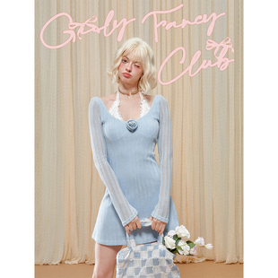 GirlyFancyClub西西里假日 甜欲少女花朵蕾丝拼接挂脖收腰连衣裙