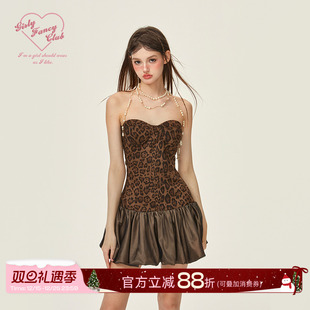 GirlyFancyClub辣妹穿搭性感露肩花苞抹胸蓬蓬裙麂皮绒豹纹连衣裙
