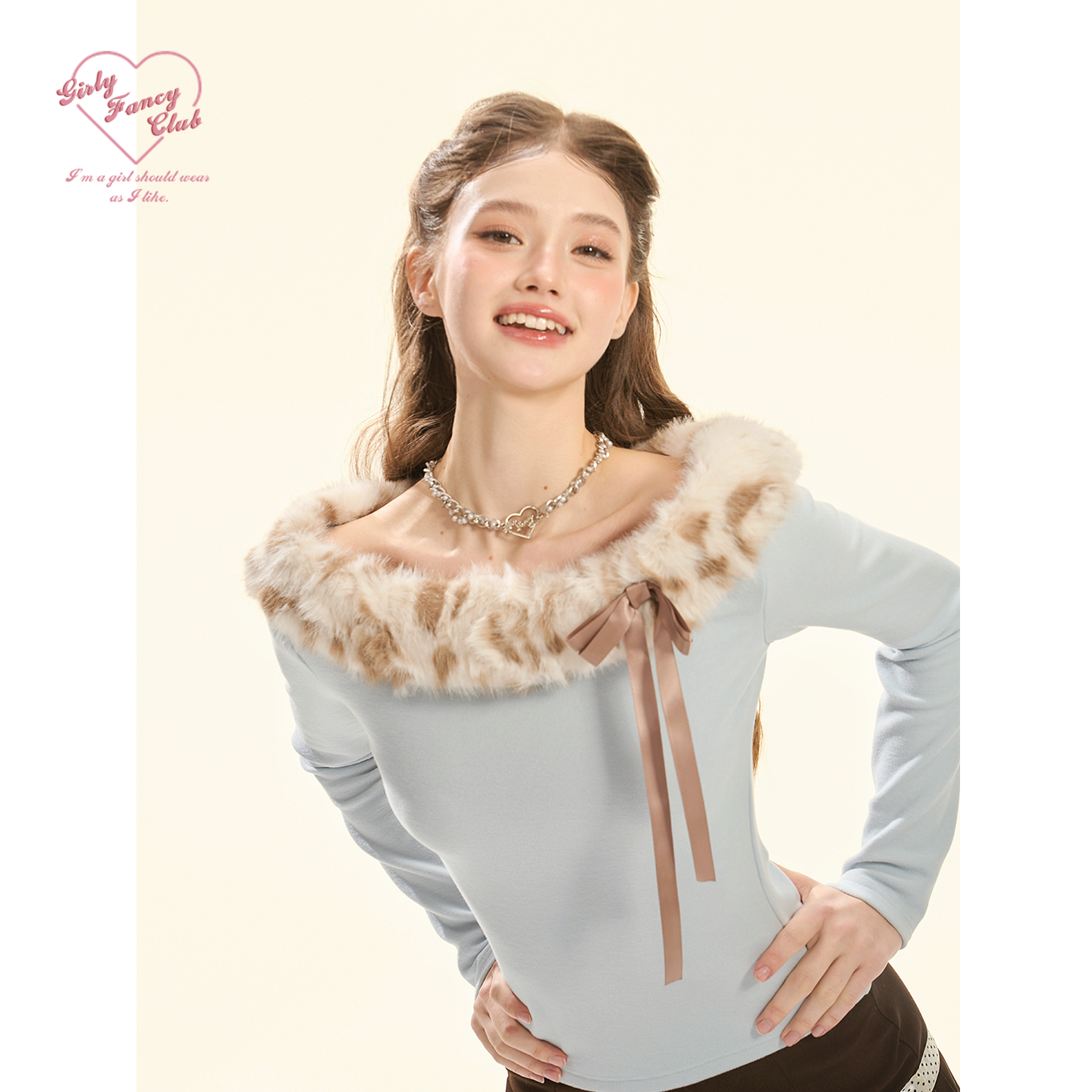 GirlyFancyClub 12/8 20点 复古甜心系列 暖绒针织豹纹毛领上衣