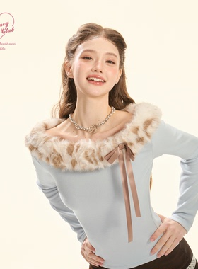 GirlyFancyClub复古甜心系列*baby蓝暖绒针织豹纹毛领一字肩上衣