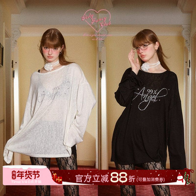 长袖chic微透烫钻印花宽松t恤