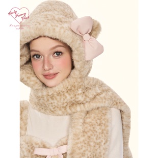 GirlyFancyClub小奶豹蝴蝶结系列*可爱毛绒保暖围脖一体豹纹帽子