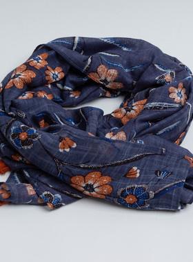 新款蓝色花朵围巾优雅气质精致印花丝巾女春竹节人棉旅游披肩披肩