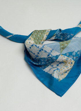 出口围巾女春夏优雅蓝色花朵印花丝巾百搭旅游装饰真丝领巾小方巾