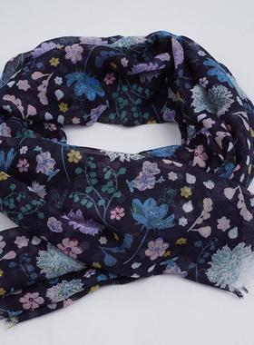 新款欧美时尚 优雅气质花朵印花围巾女春夏 百搭长款旅游纱巾披肩