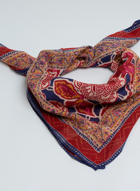 围巾女春秋优雅红色花朵印花丝巾百搭旅游装饰腰带绑包领巾小方巾