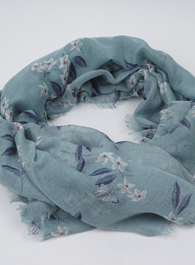 新款欧美时尚 优雅气质灰绿蝴蝶印花丝巾女 百搭长款旅游纱巾披肩