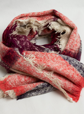 新款出口英国 欧美气质红色格子方巾女冬 百搭纯色保暖围脖大披肩