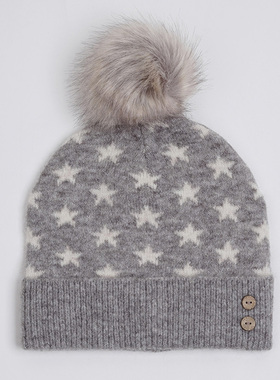 新款出口英国 优雅气质灰色五角星毛线帽子女秋冬 百搭旅游针织帽