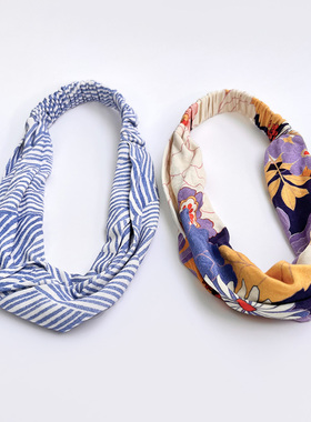 新款欧美气质条纹花朵印花发带发箍女春秋 时尚百搭弹力头巾2件套