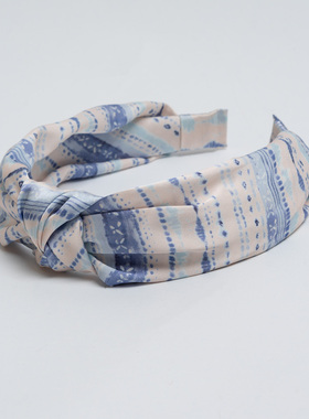 新款出口欧美 优雅气质蓝色水墨印花发带发箍女 时尚百搭发夹头巾