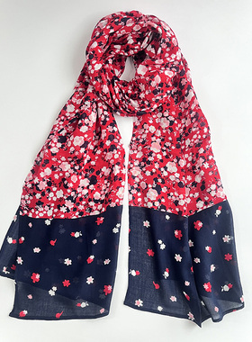 新款出口欧美 优雅气质红色碎花印花围巾女春秋 百搭旅游丝巾披肩