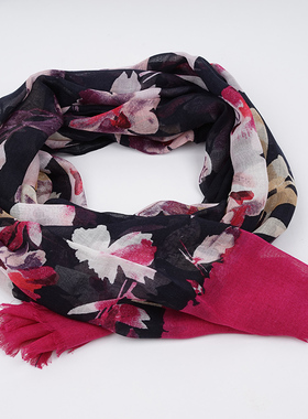 新款欧美时尚 优雅气质红色印花围巾丝巾女春秋 百搭薄款旅游披肩