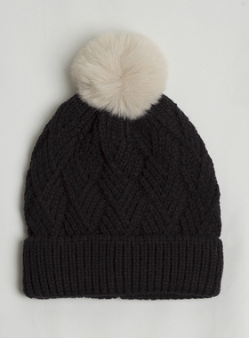 新款出口 优雅气质黑色菱形格毛线帽子女秋冬 百搭毛球旅游针织帽