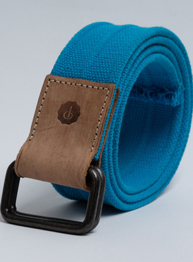 欧美潮牌 男士纯棉帆布腰带蓝色休闲编织裤带 百搭青年皮带双环扣