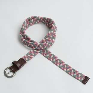 头层牛皮针扣免孔青年窄细裤 粉色纯棉帆布腰带女 带 出口英国 新款