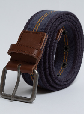 新款出口欧美小众 男士纯棉蓝色条纹帆布腰带 针扣百搭牛皮装饰带