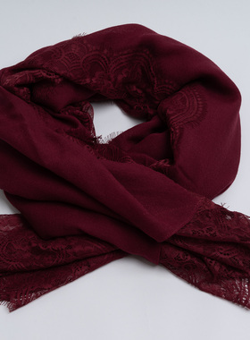 新款欧美纯羊毛围巾优雅气质红色蕾丝装饰女秋冬百搭保暖围脖披肩