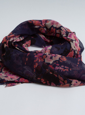 新款碎花围巾优雅藏青色精致印花围脖丝巾女春秋棉巴厘纱旅游披肩