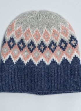 新款欧美时尚 优雅气质灰色菱形格毛线帽子女秋冬 百搭旅游针织帽