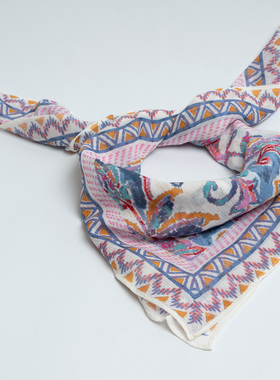 围巾女春秋优雅蓝色花朵印花丝巾百搭旅游装饰绑包腰带领巾小方巾