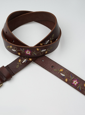 皮带女真皮头层牛皮腰带女细时尚刺绣休闲简约百搭针扣裤带复古窄