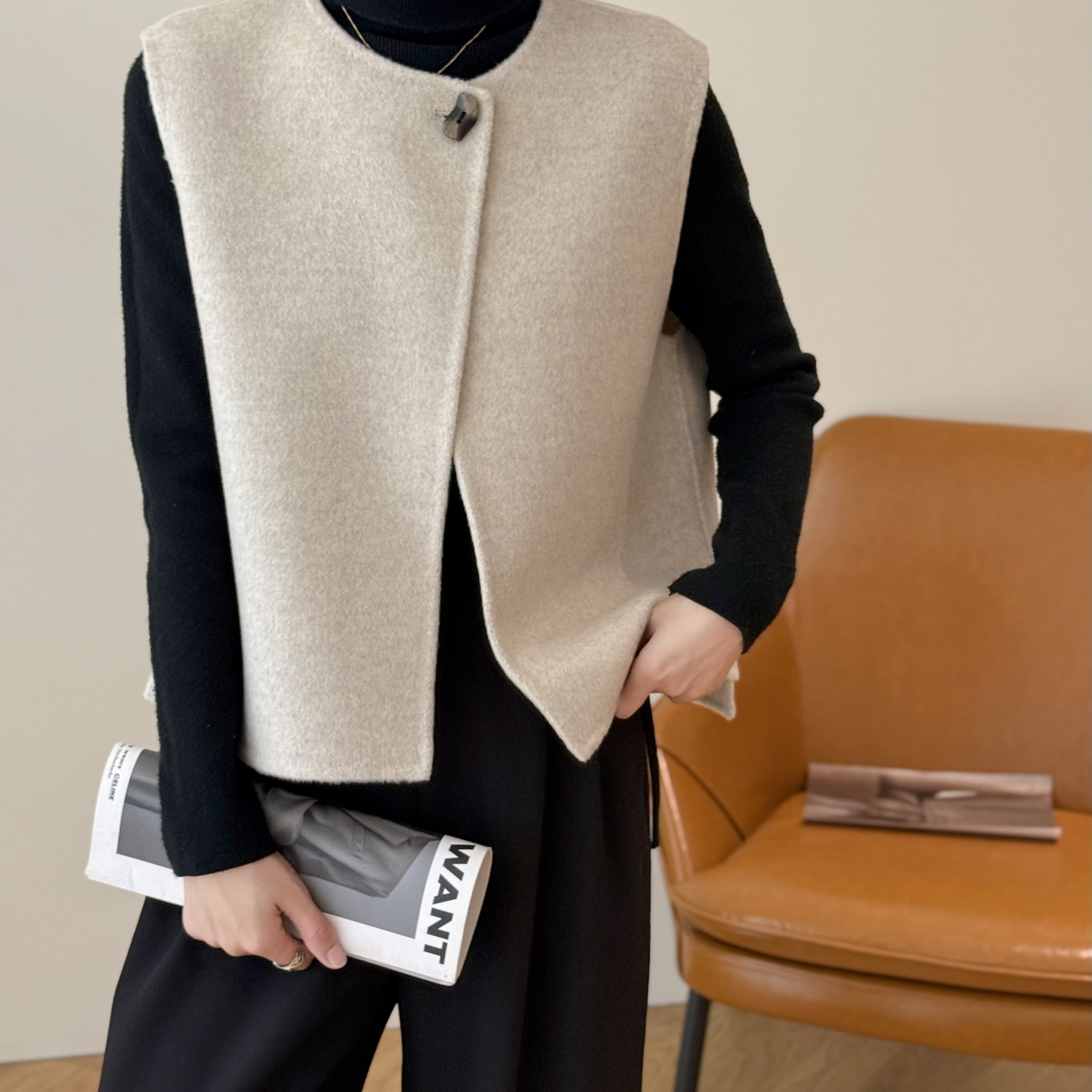 2025秋冬上新小个子宽松百搭短款羊毛双面呢纯色马甲慵懒高级感,女装/女士精品,中老年女装,淘宝优惠券,粉丝福利购,淘宝优惠卷