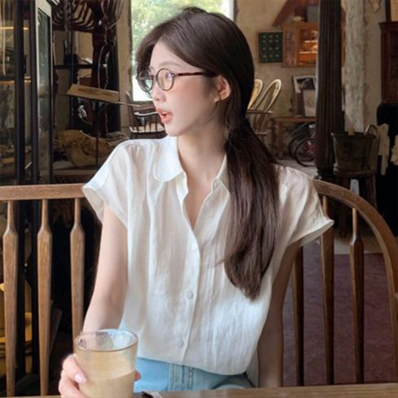 亚麻减龄短袖衬衣女夏季新款洋气修身显瘦小衫翻领小飞袖衬衫上衣
