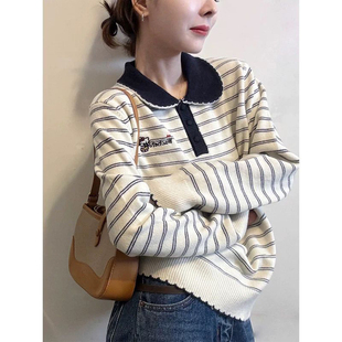 韩系POLO领撞色条纹长袖针织衫女秋季宽松慵懒小众不撞款毛衣上衣