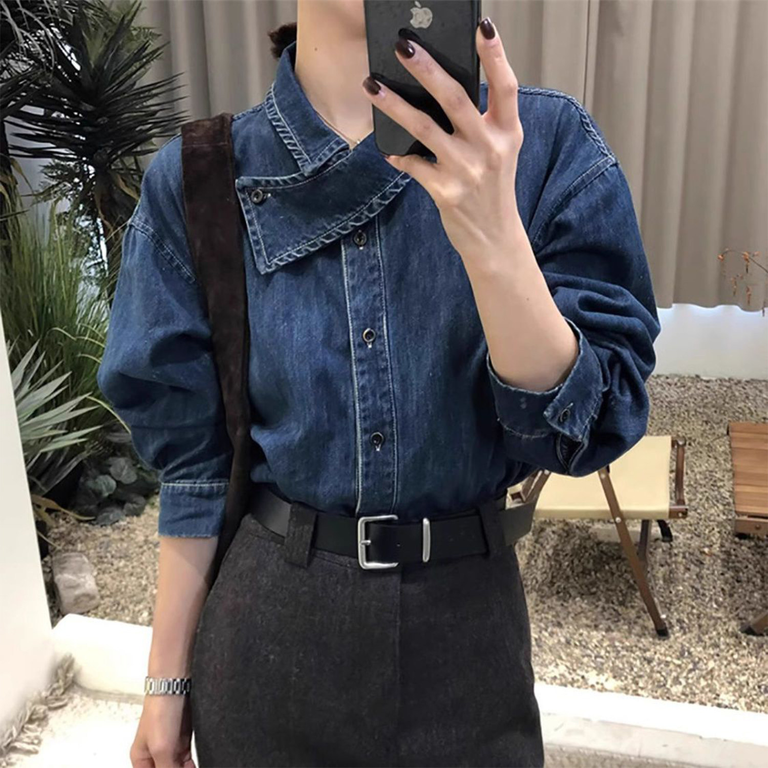 韩系复古内搭牛仔衬衫上衣女2025早秋翻领小个子衬衣叠穿马甲套装,女装/女士精品,衬衫,淘宝优惠券,粉丝福利购,淘宝优惠卷