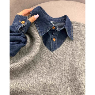 复古蓝色牛仔衬衫叠穿毛衣两件套女内搭长袖打底上衣针织马甲套装