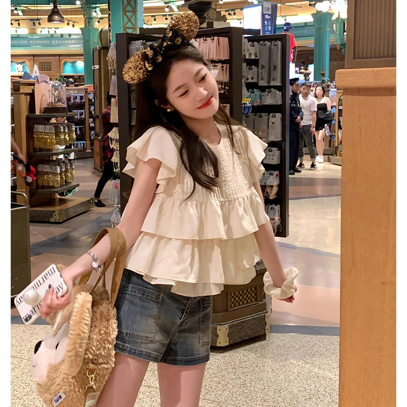 2026超火减龄上衣女夏小飞袖荷叶边雪纺衫独特漂亮减龄款短袖衬衫