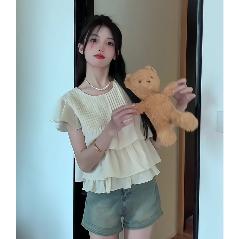 元气小飞袖荷叶边上衣女夏季可爱减龄蓬蓬感杏色韩系短袖雪纺衬衫