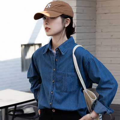 蓝色牛仔衬衫外套女中长款2025秋季新款复古长袖内搭叠穿衬衣上衣