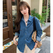 新款 小个子翻领牛仔衬衫 外套女士2025秋季 港风休闲宽松学院风衬衣
