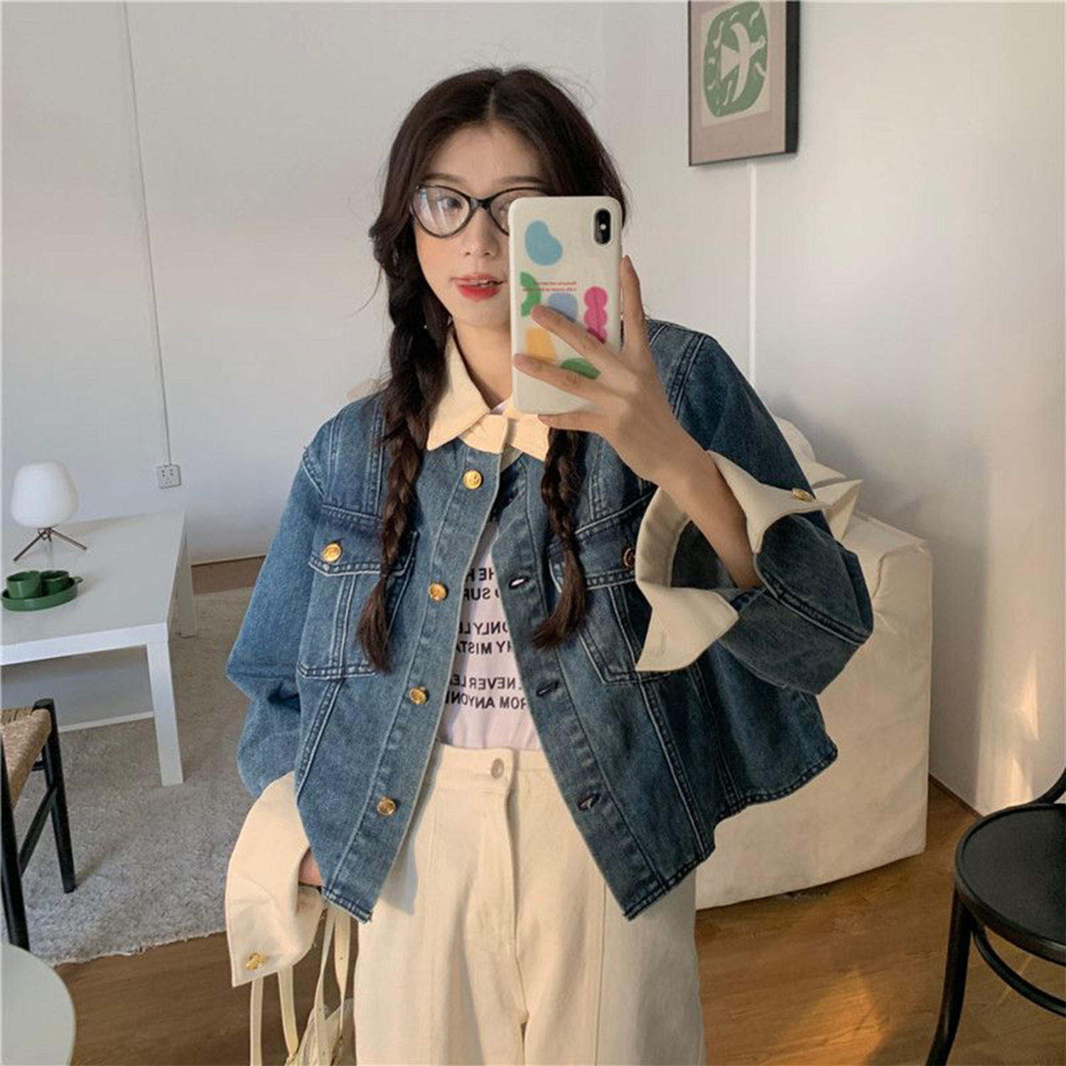 设计感小众牛仔短外套女翻领撞色复古别致小个子蓝色长袖夹克上衣,女装/女士精品,短外套,淘宝优惠券,粉丝福利购,淘宝优惠卷