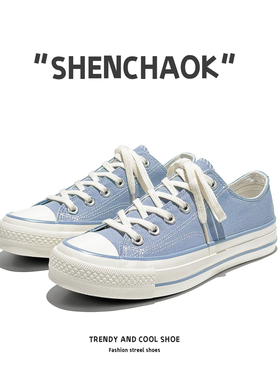 经典百搭1970s蓝色低帮帆布鞋女2025新款设计感小众平底休闲板鞋