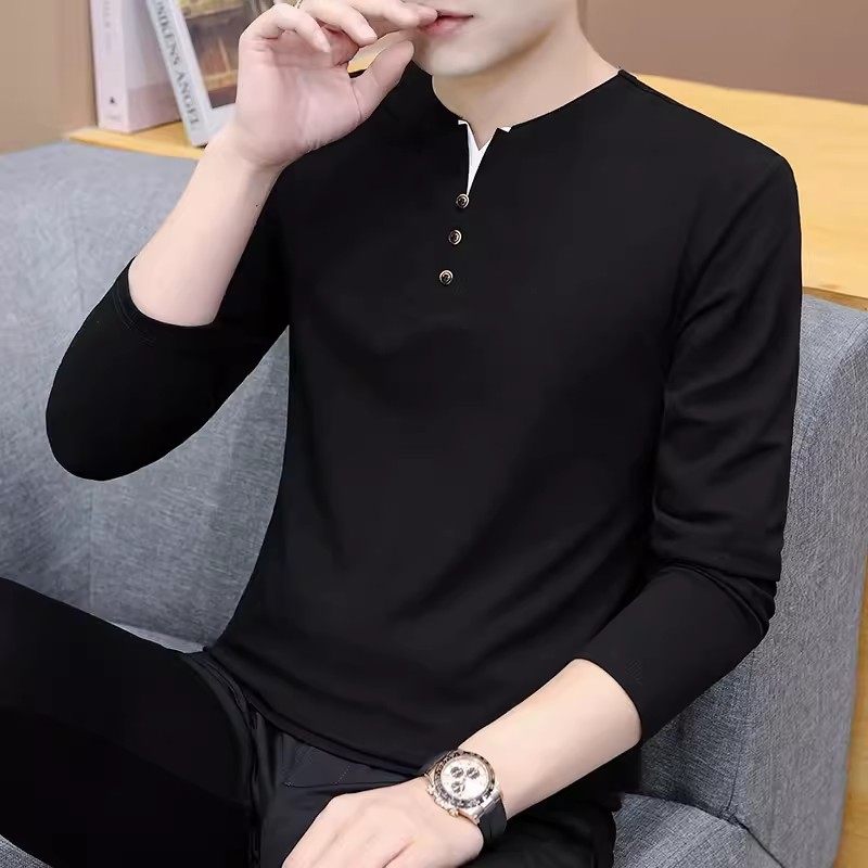 v领长袖T恤男纯棉2024秋季新款潮流修身鸡心领高端男士黑色卫衣
