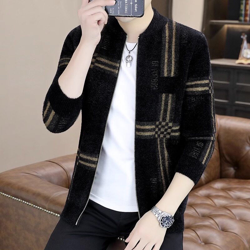 高端水貂绒外套男春秋款潮流印花立领休闲薄款男士拉链针织开衫帅