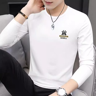 高端男士长袖T恤纯棉秋冬新款休闲潮流印花圆领修身白色打底衫男