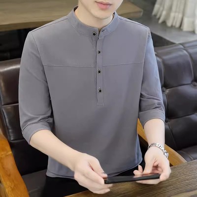 高端男士7分袖衬衫立领棉麻T恤