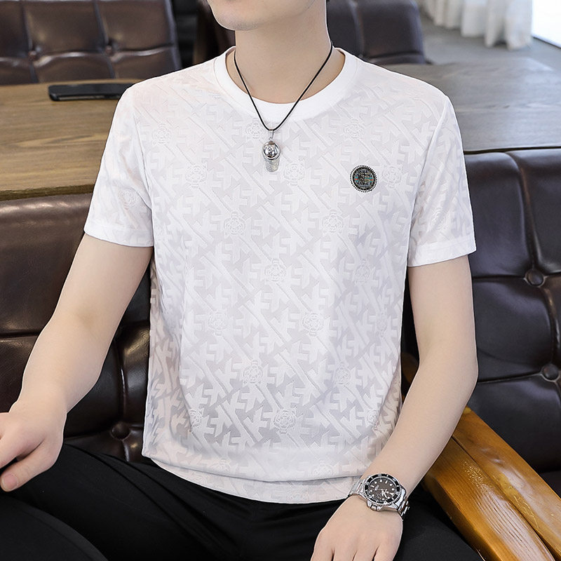 高端桑蚕丝短袖T恤男夏季潮牌烫钻冰丝圆领体恤凉感品牌半袖上衣