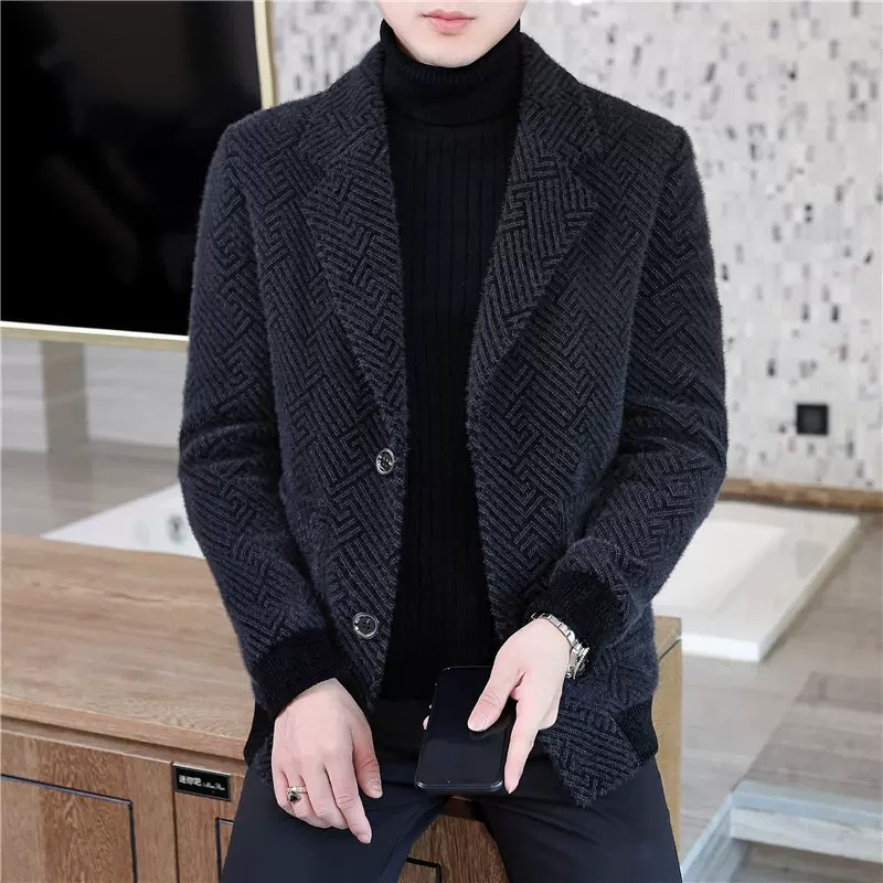 高端金貂绒外套男短款冬季新款加厚休闲西装领男士格纹毛呢子大衣