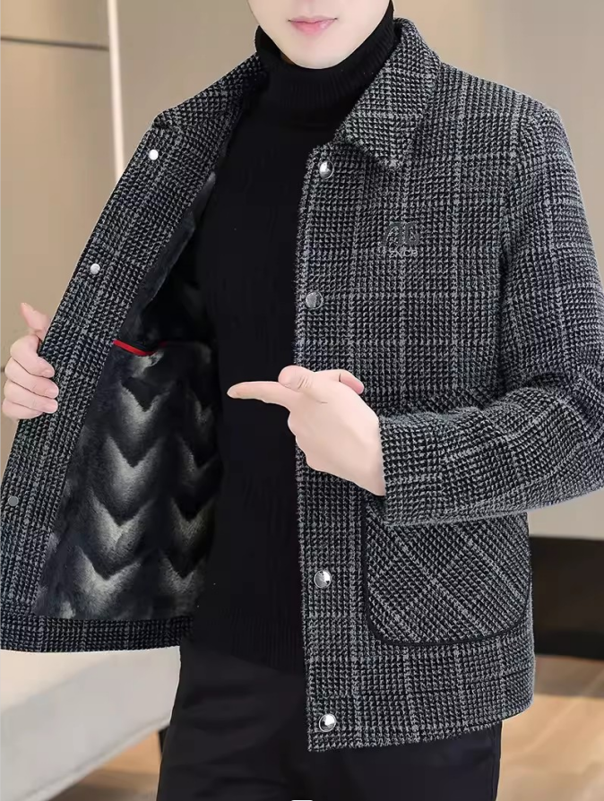 高端格子羊毛呢外套男短款加绒加厚冬季新款翻领休闲保暖男士大衣