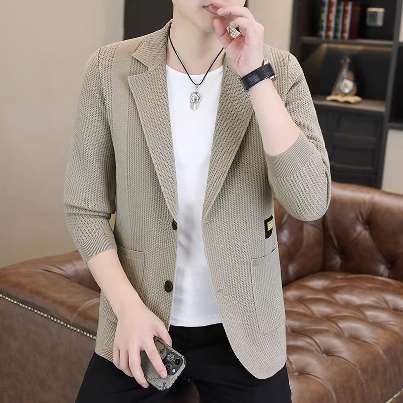 高端针织开衫男春秋新款潮流西装领商务休闲韩版修身男士羊毛外套