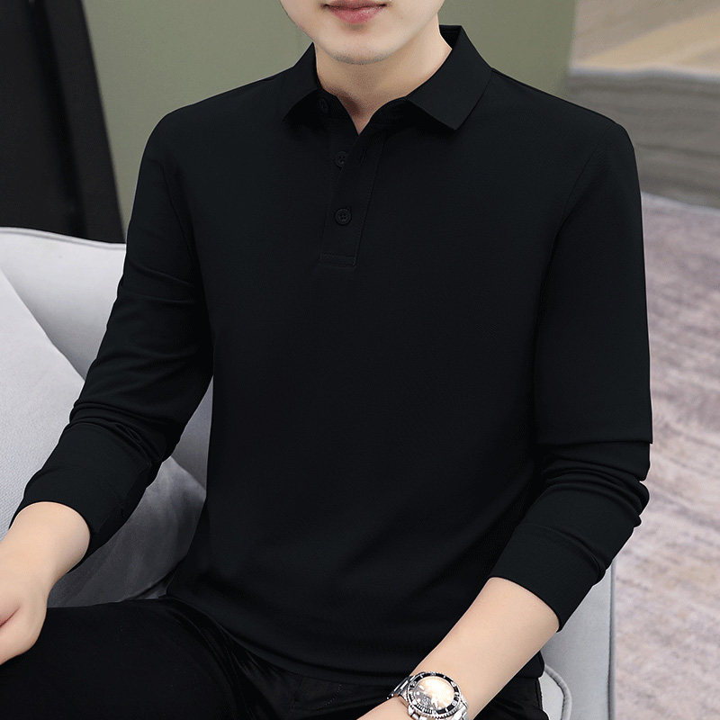 高端黑色POLO衫男长袖翻领2025秋冬新款商务休闲纯色简约长袖T恤